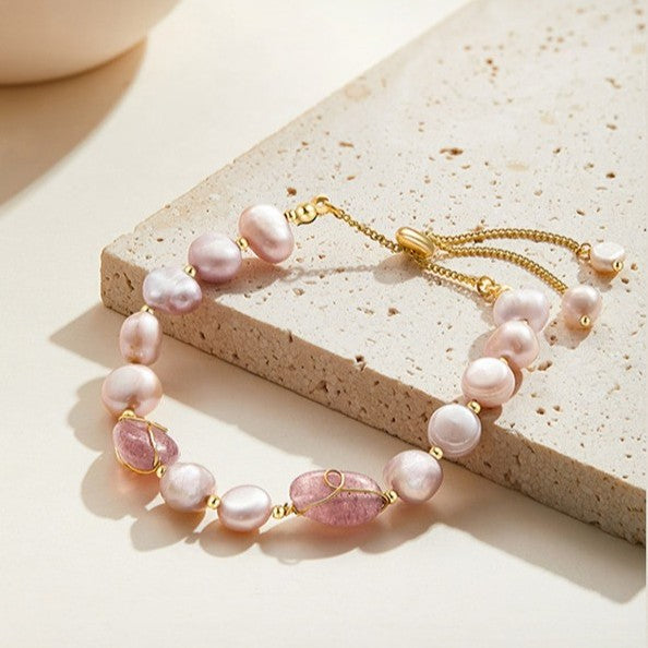 Strawberry Quartz & Pearl Bracelet – Blush Harmony