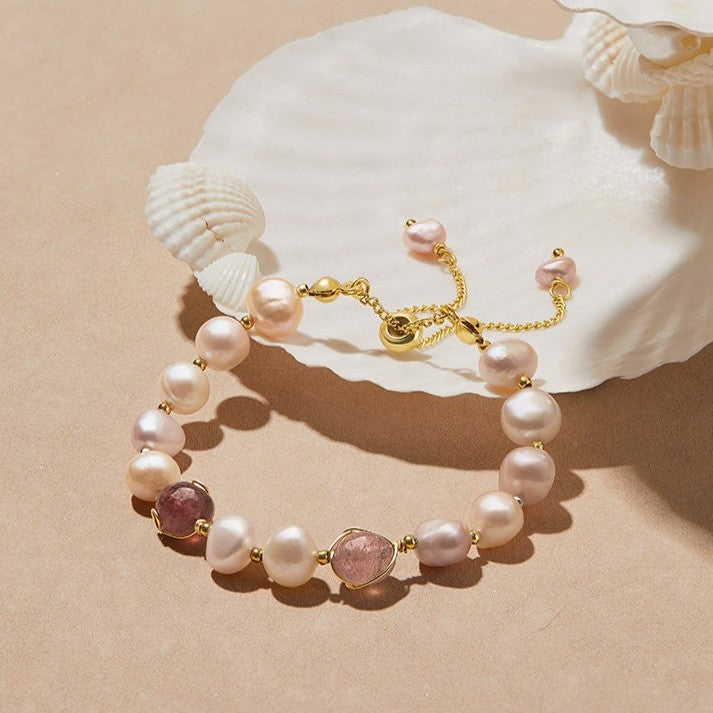 Strawberry Quartz & Pearl Bracelet – Blush Harmony
