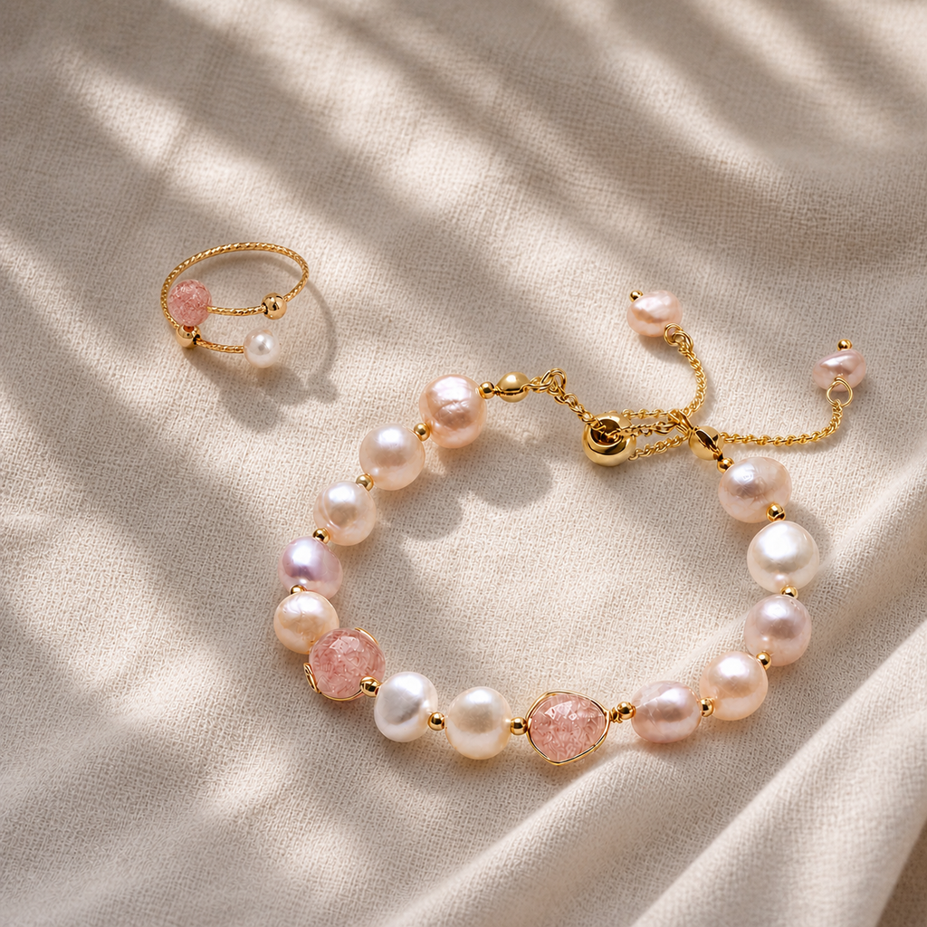Strawberry Quartz & Pearl Set - Blush Harmony