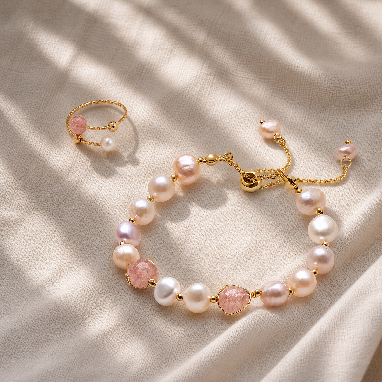 Strawberry Quartz & Pearl Set - Blush Harmony