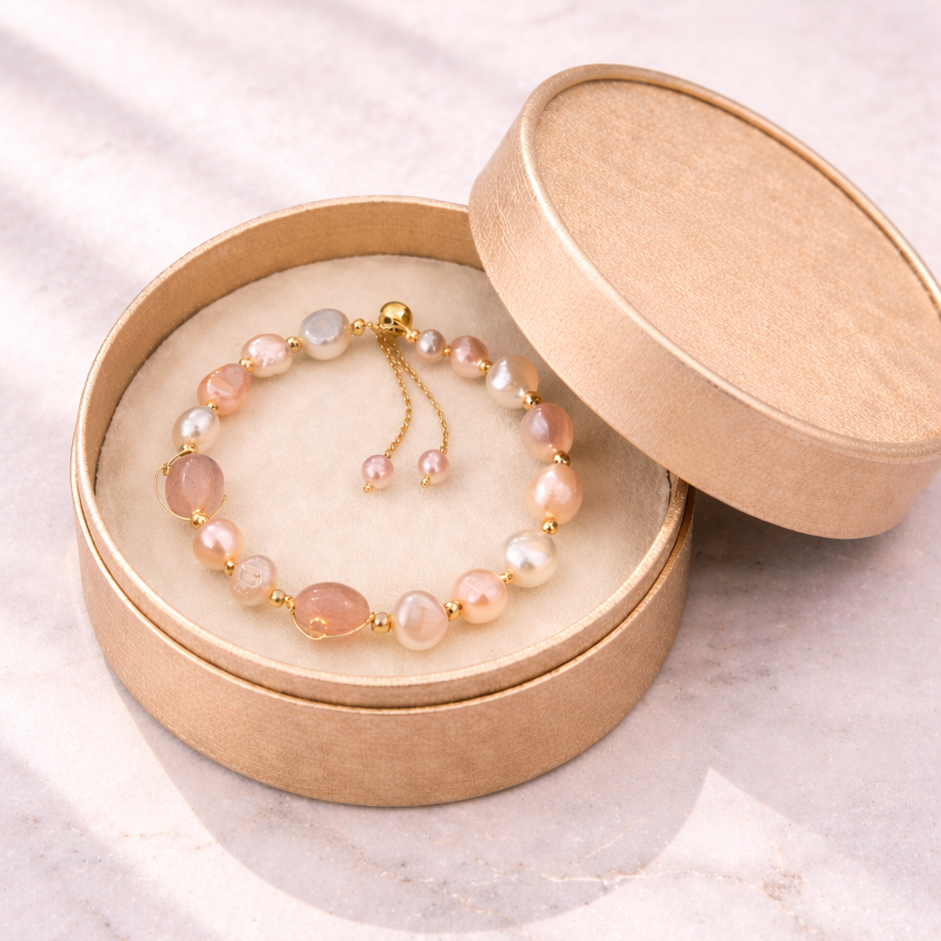 Strawberry Quartz & Pearl Bracelet – Blush Harmony