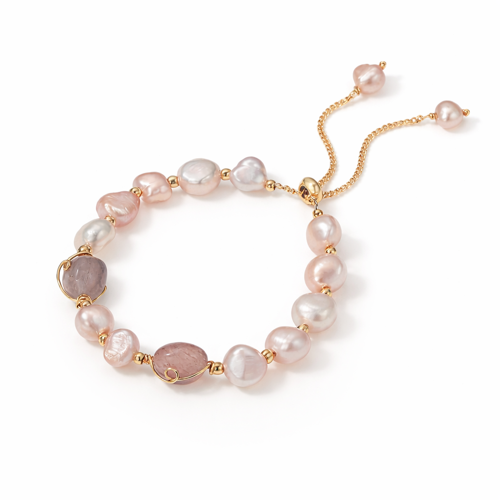 Strawberry Quartz & Pearl Bracelet – Blush Harmony