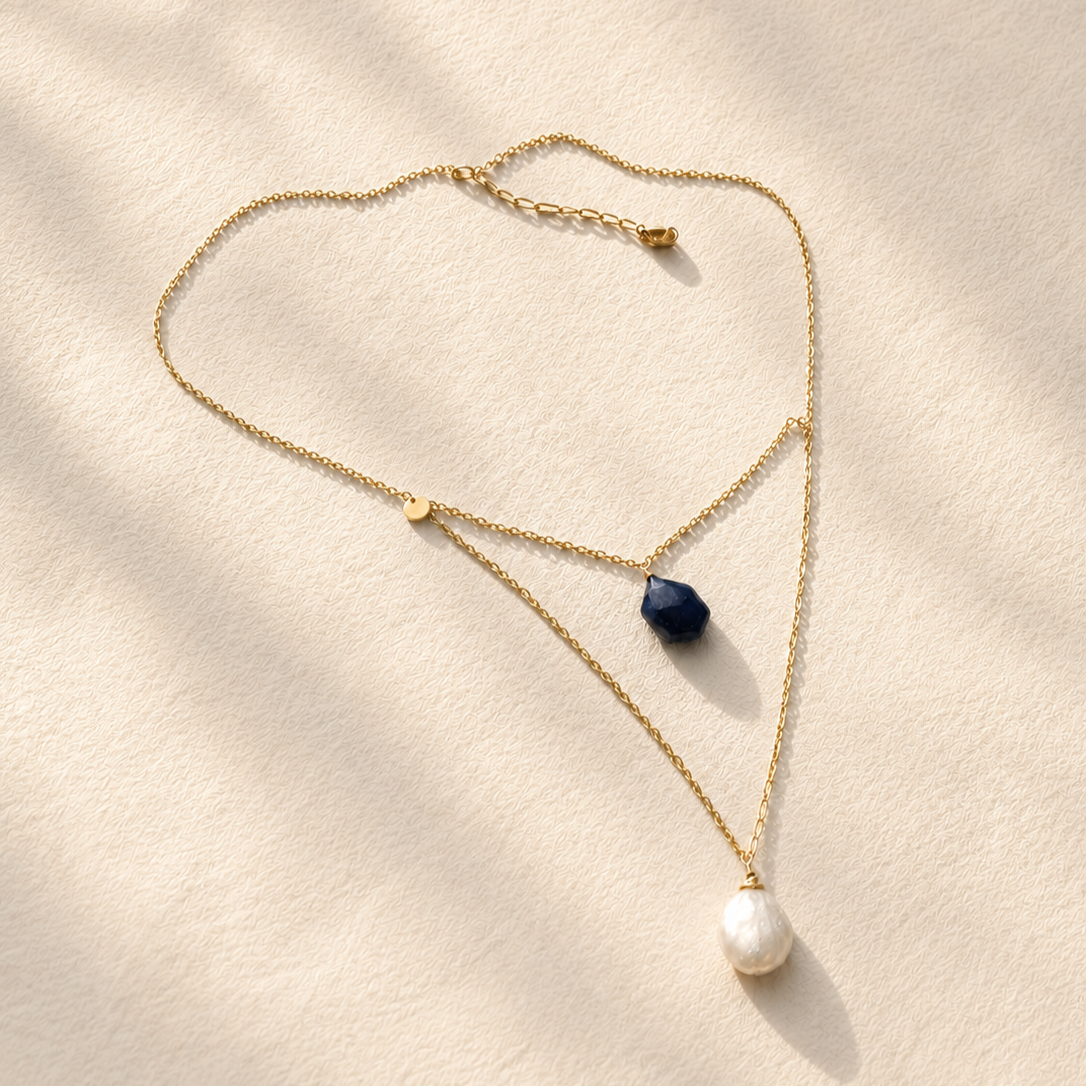 Blue Sapphire & pearl necklace - Ocean Grace